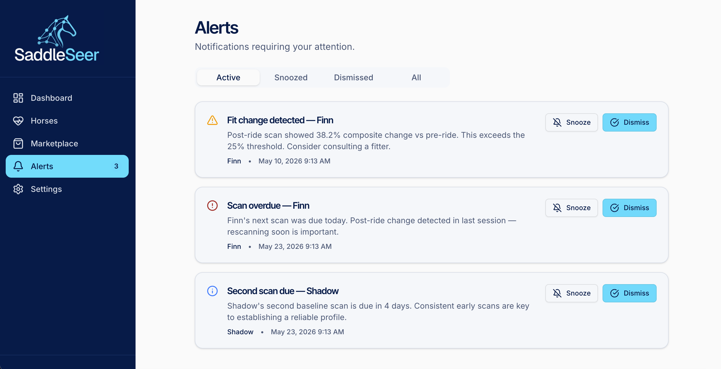 Saddle Seer notifications showing scan reminders and changes that may require attention